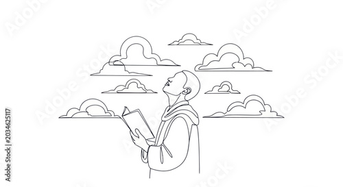 Foto Monk reading book under clouds, spiritual enlightenment, zen, meditation, wisdom