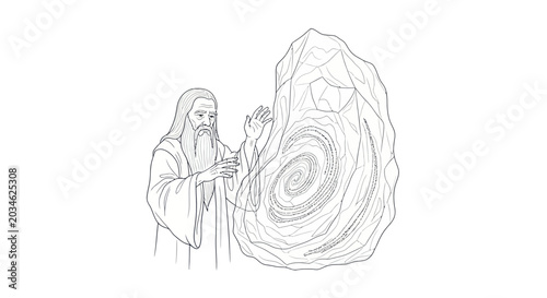 фотографія Mysterious figure touches glowing ancient stone, ancient energy, mystical power