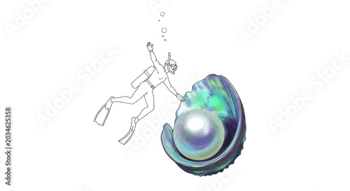 Canvastavla Scuba diver reaching for giant pearl in iridescent abalone shell, isolated on wh