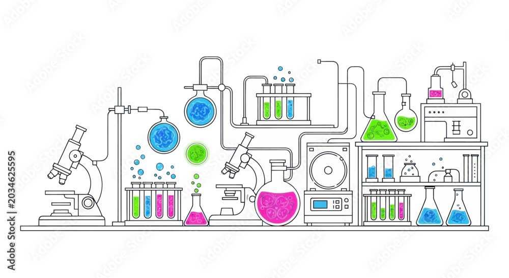 Naklejka premium Scientific Laboratory Equipment and Experiments, Colorful Liquid Reactions