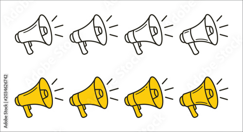 Slika na platnu Megaphones In Yellow And Black Line Art Illustration On White Background