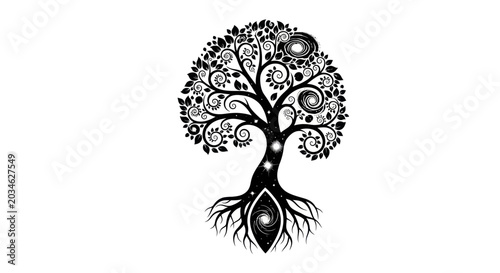 Canvastavla Whimsical Tree of Life with Cosmic Swirls and Roots
