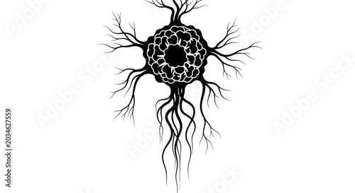 Foto Abstract organic sphere with roots and branches, black and white graphic illustr