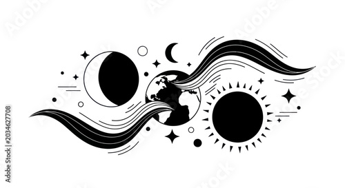 Tablou pe pânză Celestial Bodies: Sun, Moon Phases, Earth, Stars, and Cosmic Waves