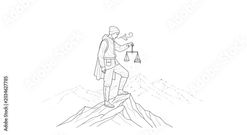 Foto Man on mountain peak holding scales of justice, abstract line art illustration