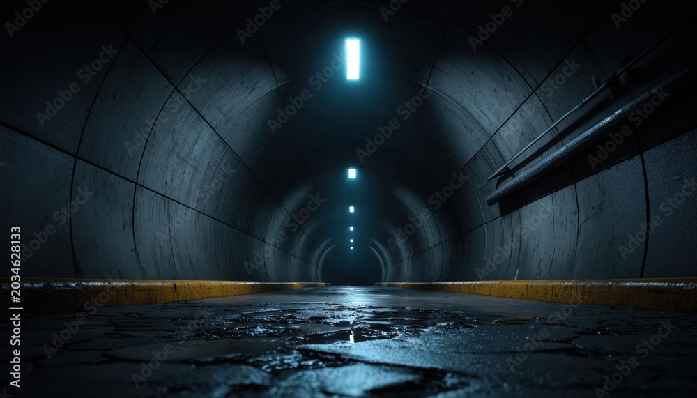 Obraz premium Underground tunnel sewer tunnel concrete tunnel dark corridor wet floor blue light perspective view urban infrastructure