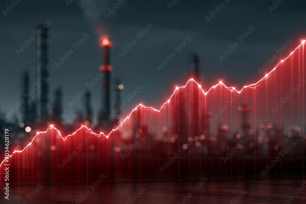 Naklejka premium Red graph ascends sharply against industrial skyline. Smokestacks glow faintly in twilight background. Chart lines pulse with energy, hinting at growth or volatility