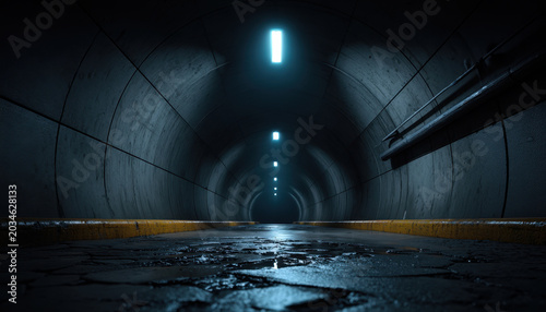 Underground tunnel sewer tunnel concrete tunnel dark corridor wet floor blue light perspective view urban infrastructure