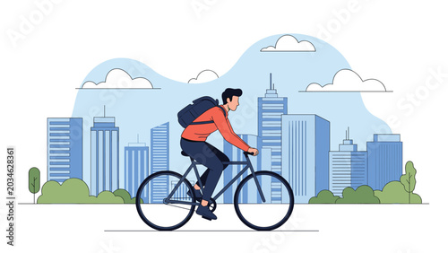 Bild auf Leinwand Active man with a large backpack riding his bicycle along a city street with tall skyscrapers and a clear blue sky