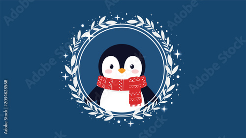 Valokuva Adorable penguin wearing a red knitted scarf centered inside a white leafy wreath on a dark blue background with stars