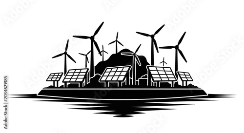 Fotografie Eco-friendly energy landscape with wind turbines and solar panels