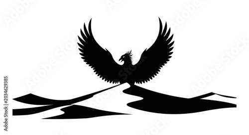 Bild auf Leinwand Black phoenix rising from desert dunes, symbol of rebirth and power