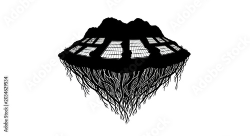 Photos Floating Island with Cityscape Silhouette and Root System