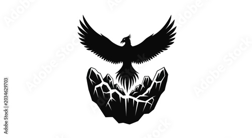 Schilderij op canvas Silhouette of a phoenix bird rising from cracked rocks on a white background