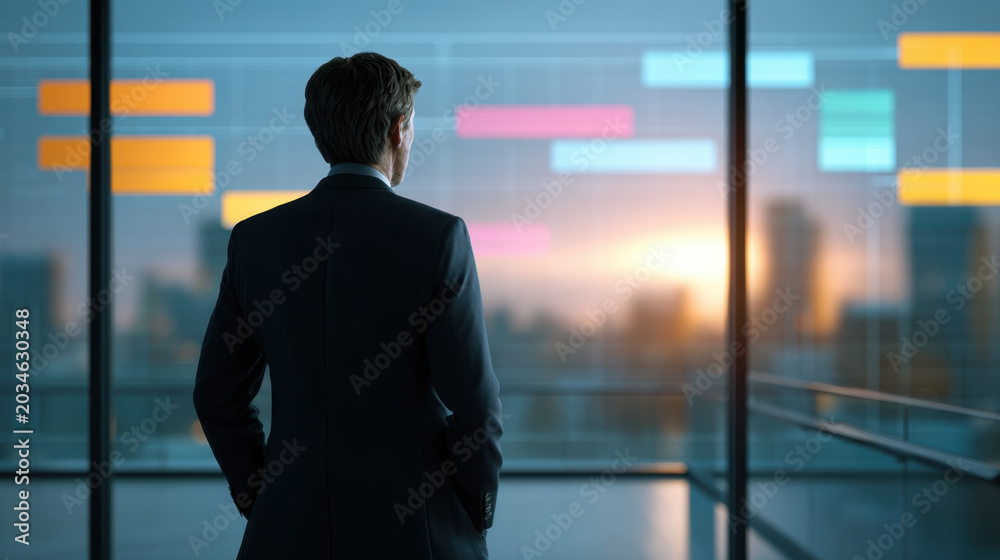 Fototapeta premium Modern glass office interior businessman silhouette back view city view sunset light professional man glass window corporate workspace urban skyline reflective glass