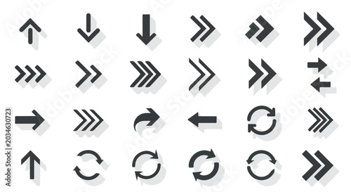 Black arrow icon set with long shadows, minimalist directional pointers and navigation symbols, 24 vector graphic elements for web design