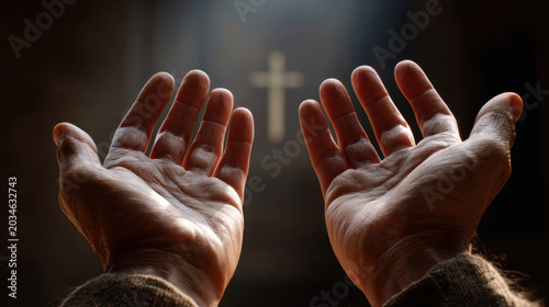 Open hands praying toward cross in dark church interior, spiritual worship and faith hope reverence