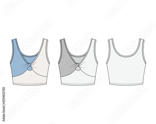 Women's twist front crop top vector technical fashion illustration, activewear sports bra flat sketch