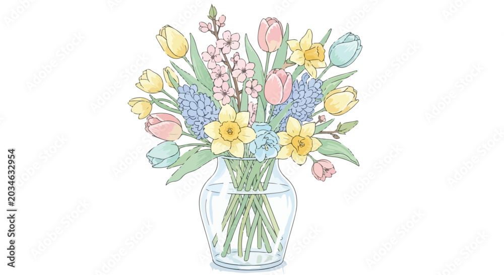 Obraz premium Spring flower bouquet in glass vase vector, pastel tulips and daffodils floral arrangement, hand drawn botanical illustration for greeting cards