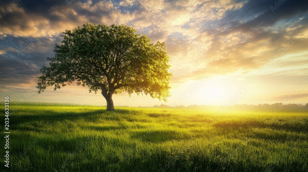 Fototapeta premium Solitary tree stands in a sunlit meadow under a dynamic sky at sunrise/sunset