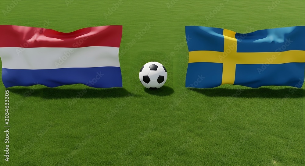 Naklejka premium Netherlands and Sweden flags with soccer ball on grass