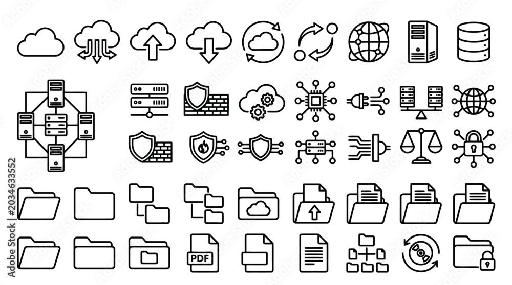 Fototapeta premium Cloud computing and database storage line icons set for network technology and data security. EPS Editable