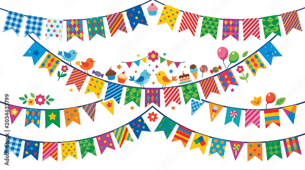 Obraz premium Colorful party bunting garlands with festive flags birds and cupcakes vector illustration on white background. EPS Editable