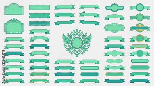 Collection of vintage green ribbons banners and decorative frames vector set. EPS Editable