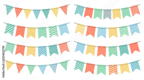 Colorful party bunting flags and garlands set for celebration decoration isolated on white background. EPS Editable