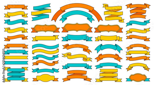 Large collection of colorful vintage ribbon banners and retro scroll labels in orange yellow and blue colors. EPS Editable
