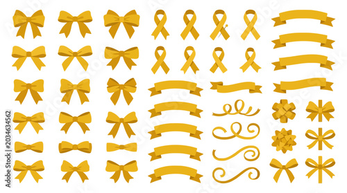 Large collection of golden ribbon bows and decorative banners vector illustration set isolated on white background. EPS Editable