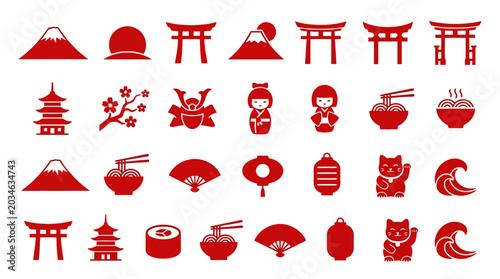 Red Japanese Culture and Travel Icons Set Isolated on White Background. EPS Editable
