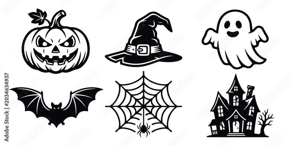 Obraz premium Halloween icons including jack-o-lantern, witch hat, ghost, bat, spider web, and haunted house