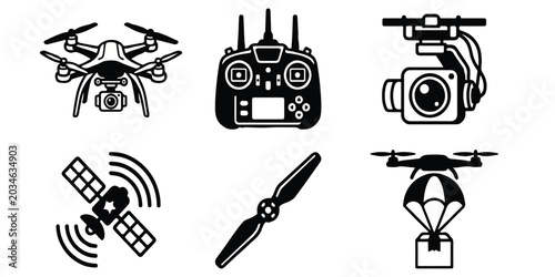 Drone technology icons including drone camera controller satellite propeller and delivery