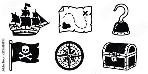Pirate icons including ship, treasure map, hook, Jolly Roger flag, compass, and chest