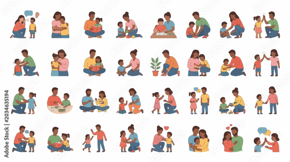 Fototapeta premium Vector illustration set of diverse parents and children bonding and playing together. EPS Editable