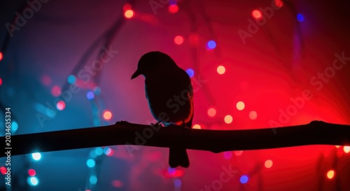 Silhouette of a bird perched on a branch with colorful lights