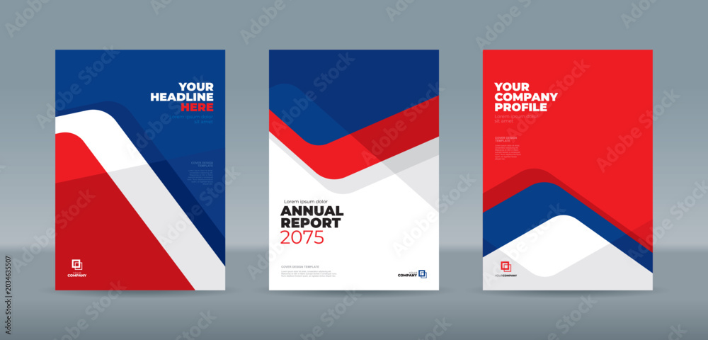 Fototapeta premium Modern cover template with bold red and navy blue chevron-style ribbons on professional solid white backgrounds. A4 size book cover template for annual report, magazine, booklet, proposal, portfolio