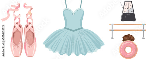 Tableau sur toile Classic Ballet Dance Vector Icon Set Featuring Pink Pointe Shoes Light Blue Tutu