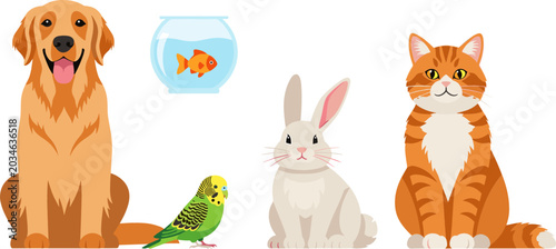 Φωτογραφία Cute Domestic Pets Vector Icon Set Featuring Golden Retriever Dog Ginger Cat Whi