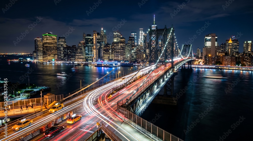 Fototapeta premium New York City skyline and bridge with light trails at night