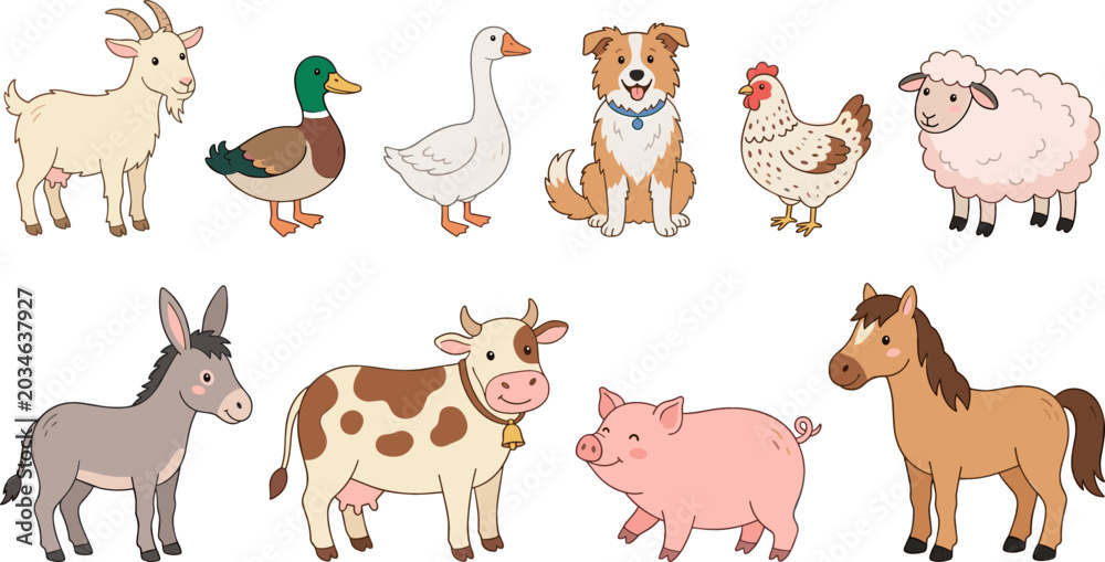 Fototapeta premium Cute Cartoon Farm Animals Set with Cow Horse Pig Sheep Goat Donkey Border Collie Dog and Poultry Isolated on White Background