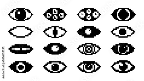 Pixel Art Eyes Collection, 16 Retro Digital Icons, Abstract Vision Symbols, Minimalist Surveillance Graphics, Black and White Glitch Art