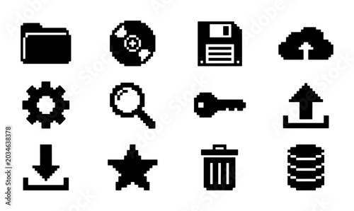 Pixel Art Icons Set: Digital Storage, Cloud Upload, Search, Key, Download, Settings, Star, Trash, Database, CD, Floppy Disk, Upload Arrow