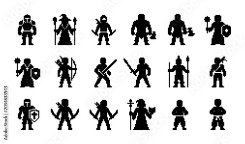 Bild auf Leinwand Pixel Art Fantasy Warriors & Heroes Set, 15 Retro Game Characters, Medieval Knig
