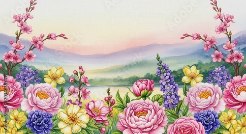 Vibrant Watercolor Painting of Colorful Flowers and Landscape.