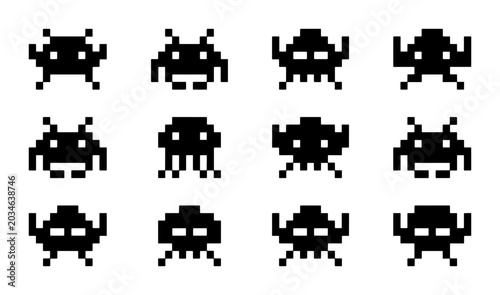 Retro Pixel Art Alien Invaders Icons, 12 Vintage Space Game Characters, Black and White Vector Graphics for Nostalgic Designs
