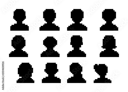 Pixelated Silhouette Avatars, Diverse User Icons Set, Simple Human Profile Graphics, Black and White Headshot Symbols for Web and App