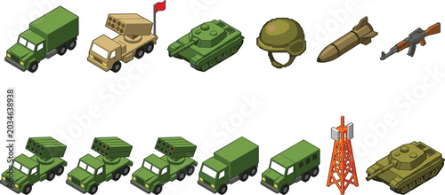 Slika na platnu Isometric military vehicles and equipment illustration set featuring tanks, truc