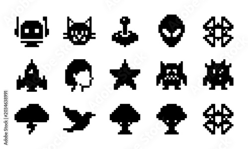 Bild auf Leinwand Pixel Art Icons Set: Retro Gaming, Sci-Fi Characters, and Nature Elements, 15 Ve